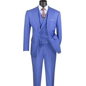 Vinci Modern Fit 3pc Stretch Suit w/Adjustable Waistband (French Blue) 48R/42W‎